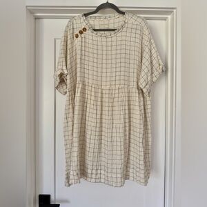 UO Dina Frock Dress - Cream Windowpane Tunic with Button Detail - M/Lg